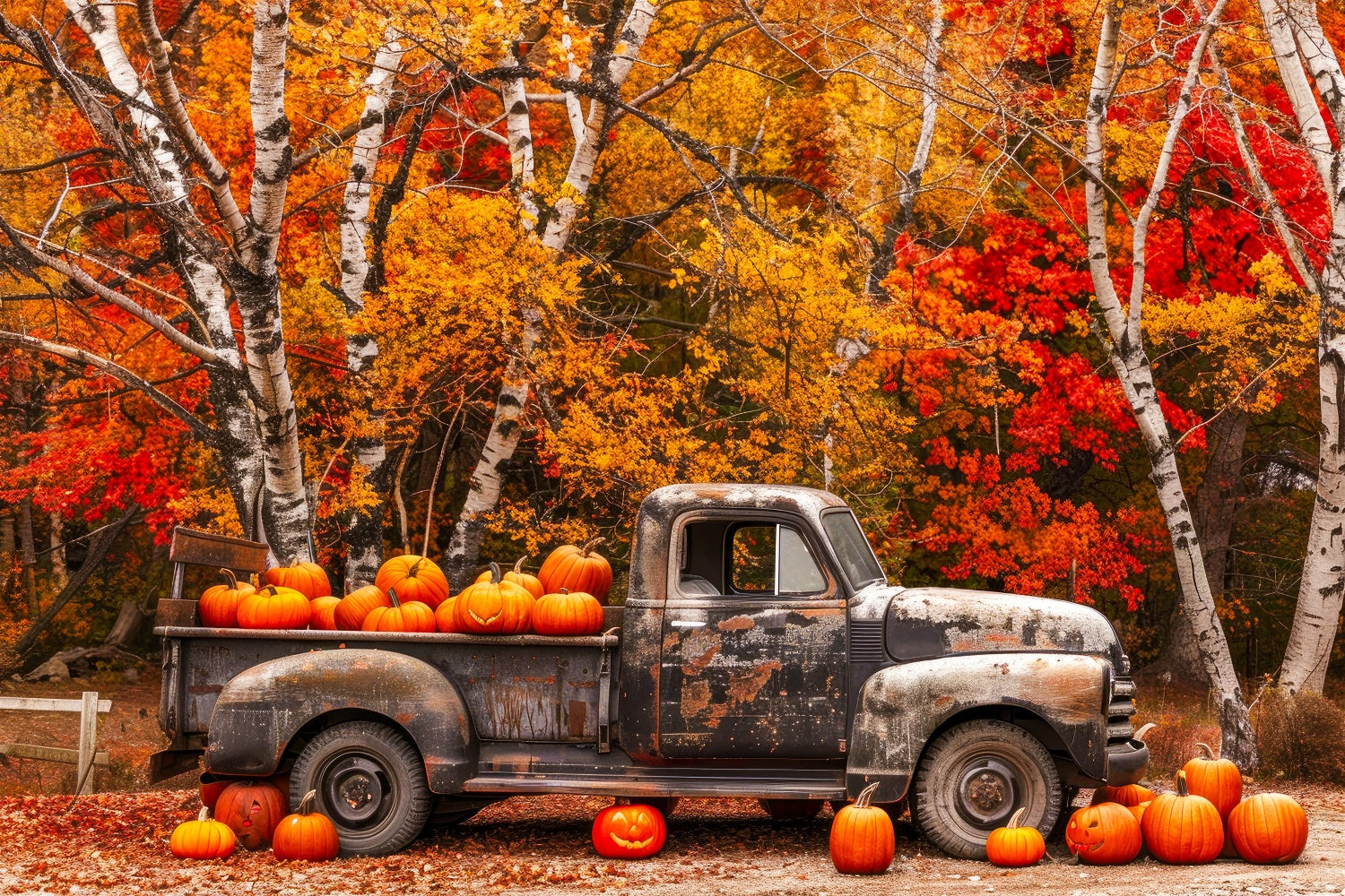 Toile de fond de forêt d'érable avec camion ancien et citrouilles d'automne BRP7-113