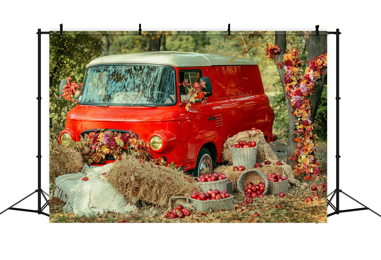Toile de fond de voiture rouge avec feuilles et pommes d'automne BRP7-114
