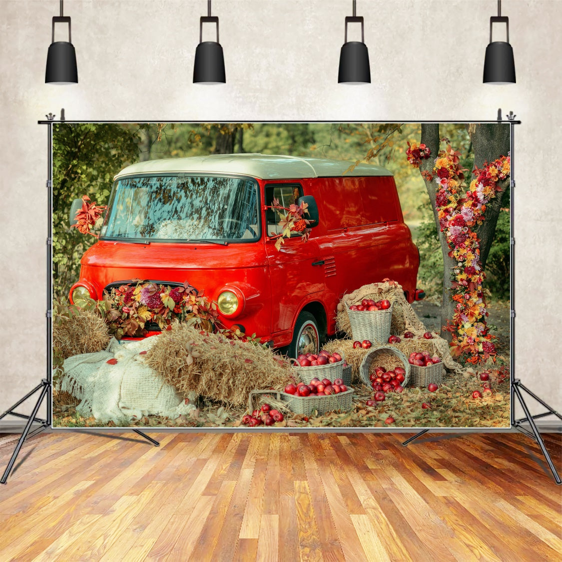 Toile de fond de voiture rouge avec feuilles et pommes d'automne BRP7-114