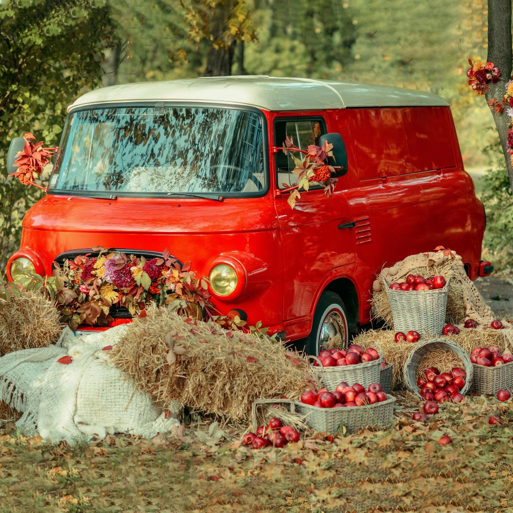 Toile de fond de voiture rouge avec feuilles et pommes d'automne BRP7-114
