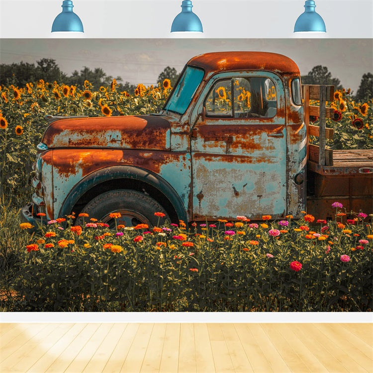 Toile de fond de ferme avec tournesols et camion en automne BRP7-115