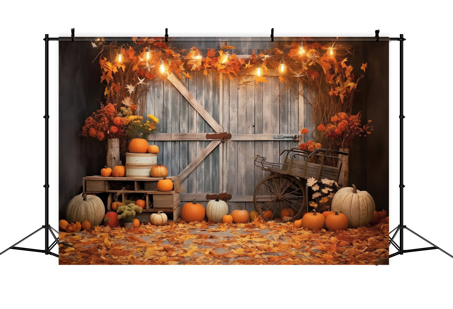 Toile de fond de porte de grange en bois avec citrouilles d'automne BRP7-116