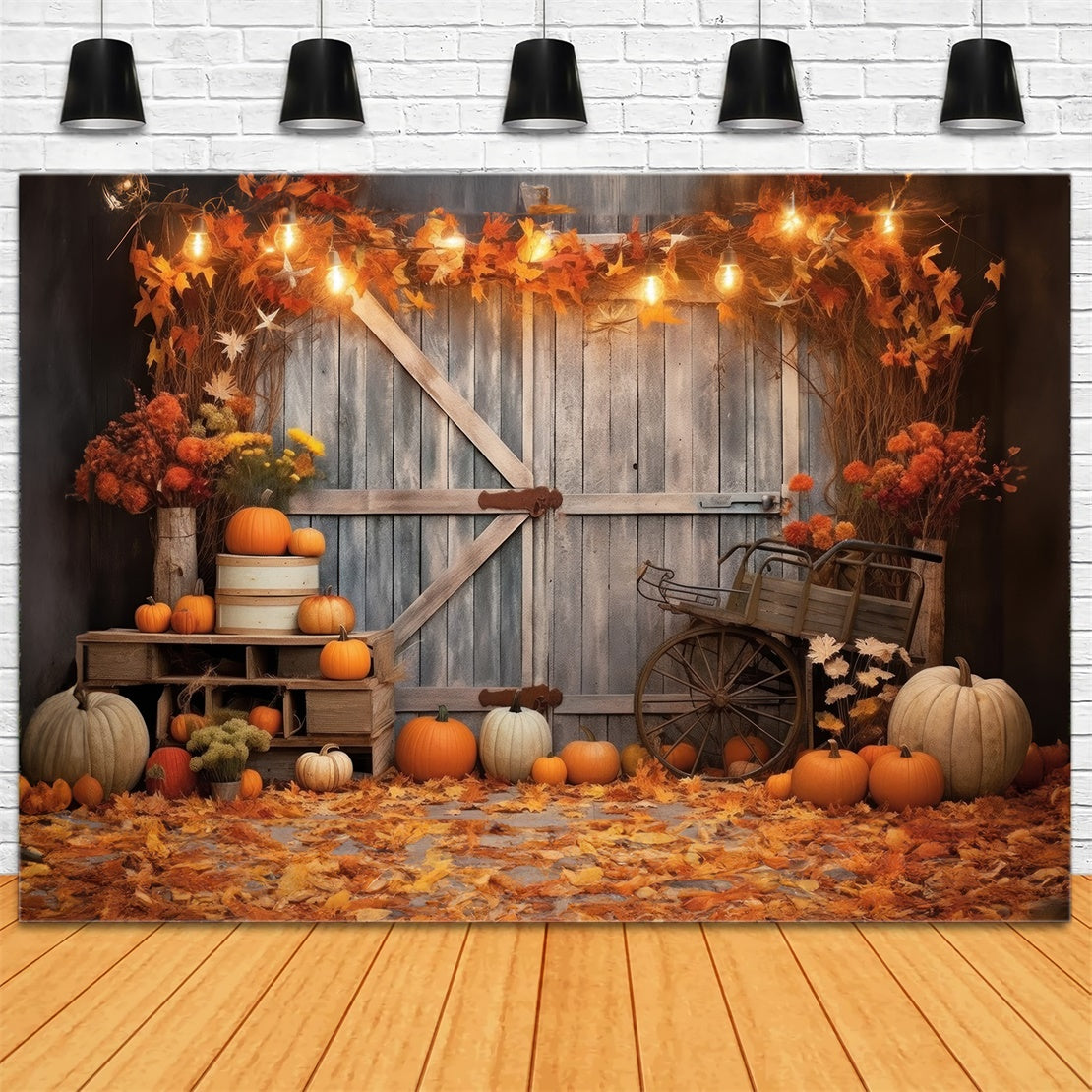 Toile de fond de porte de grange en bois avec citrouilles d'automne BRP7-116