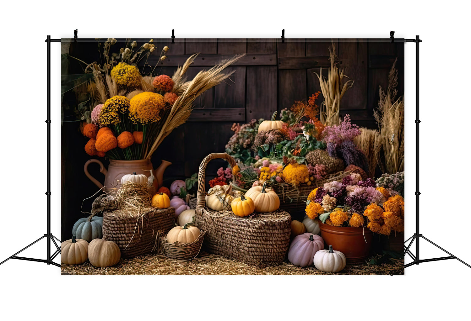 Toile de fond de fleurs de roseaux et citrouilles d'automne BRP7-126