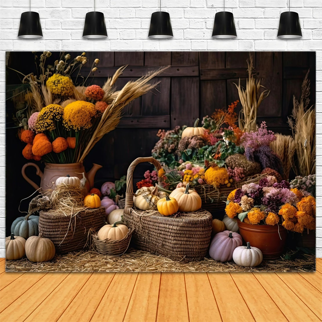 Toile de fond de fleurs de roseaux et citrouilles d'automne BRP7-126