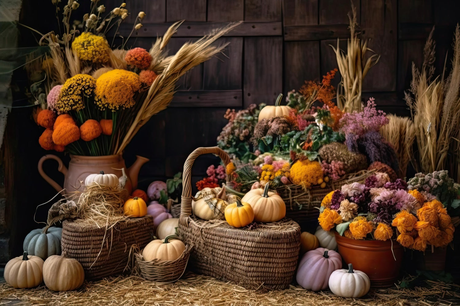 Toile de fond de fleurs de roseaux et citrouilles d'automne BRP7-126