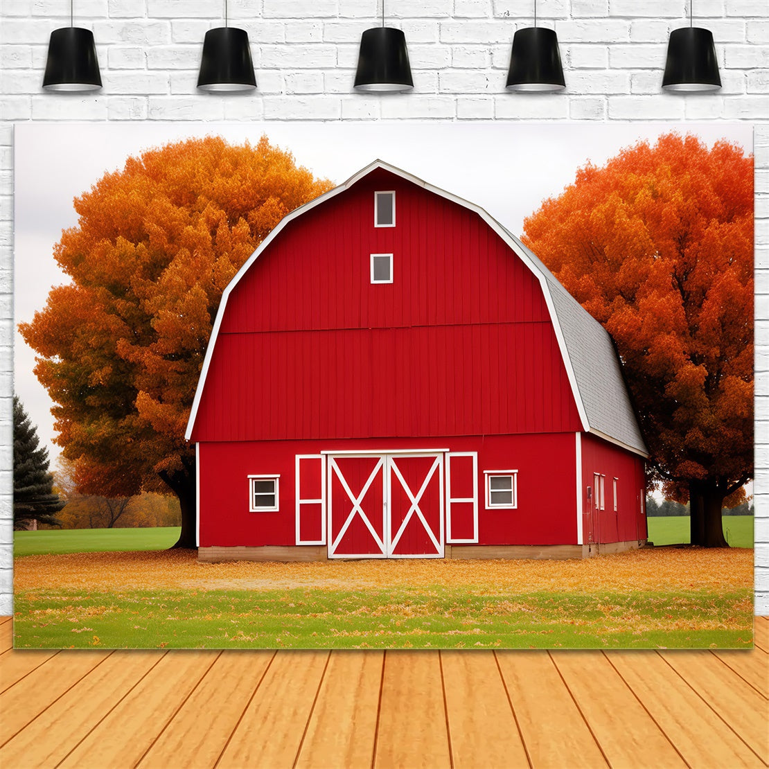 Toile de fond de maison rouge avec feuille d'érable et prairie en automne BRP7-128