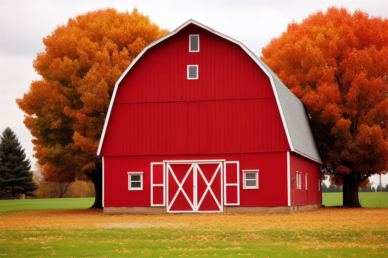 Toile de fond de maison rouge avec feuille d'érable et prairie en automne BRP7-128