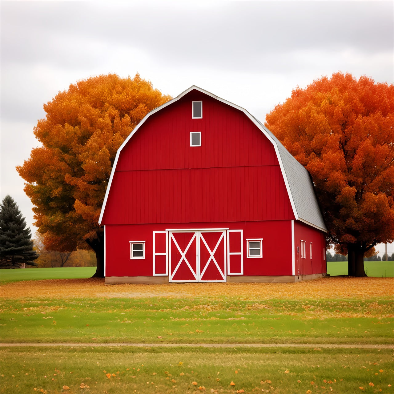 Toile de fond de maison rouge avec feuille d'érable et prairie en automne BRP7-128