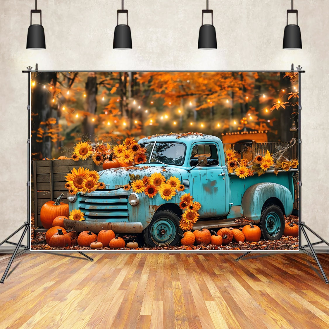 Toile de fond de camion bleu avec tournesols d'automne BRP7-130