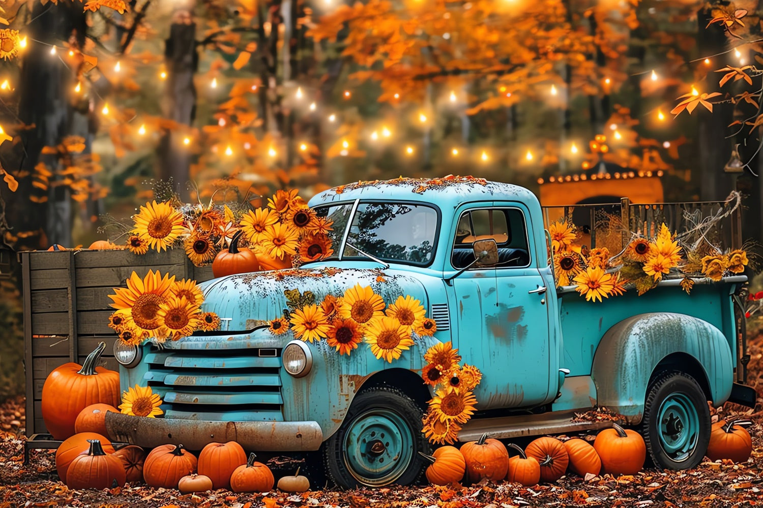 Toile de fond de camion bleu avec tournesols d'automne BRP7-130