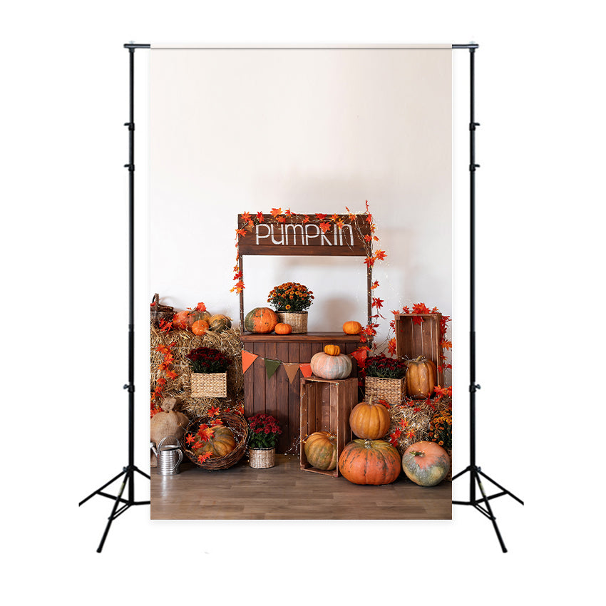 Toile de fond de stand de citrouilles avec feuilles d'érable d'automne BRP7-133