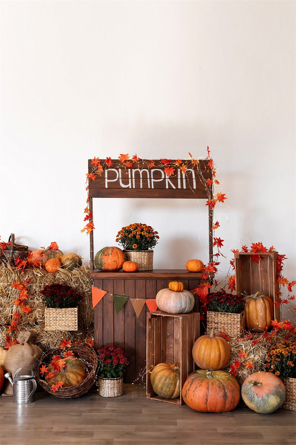 Toile de fond de stand de citrouilles avec feuilles d'érable d'automne BRP7-133