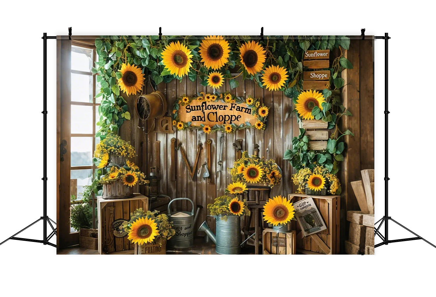 Toile de fond de magasin de cadeaux avec tournesols et porte en bois d'automne BRP7-134