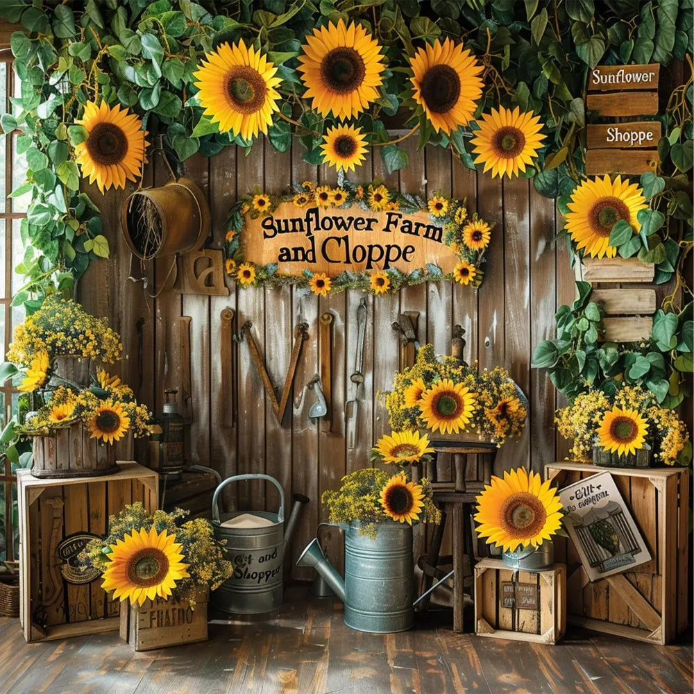 Toile de fond de magasin de cadeaux avec tournesols et porte en bois d'automne BRP7-134