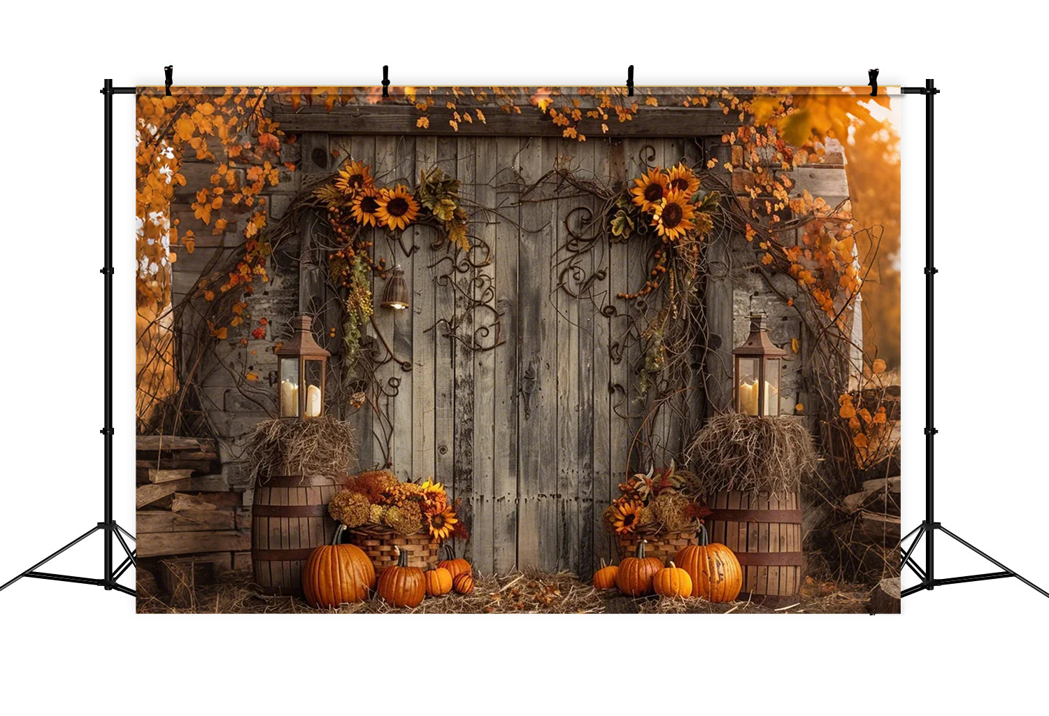 Toile de fond de porte en bois avec feuille et citrouilles d'automne BRP7-136