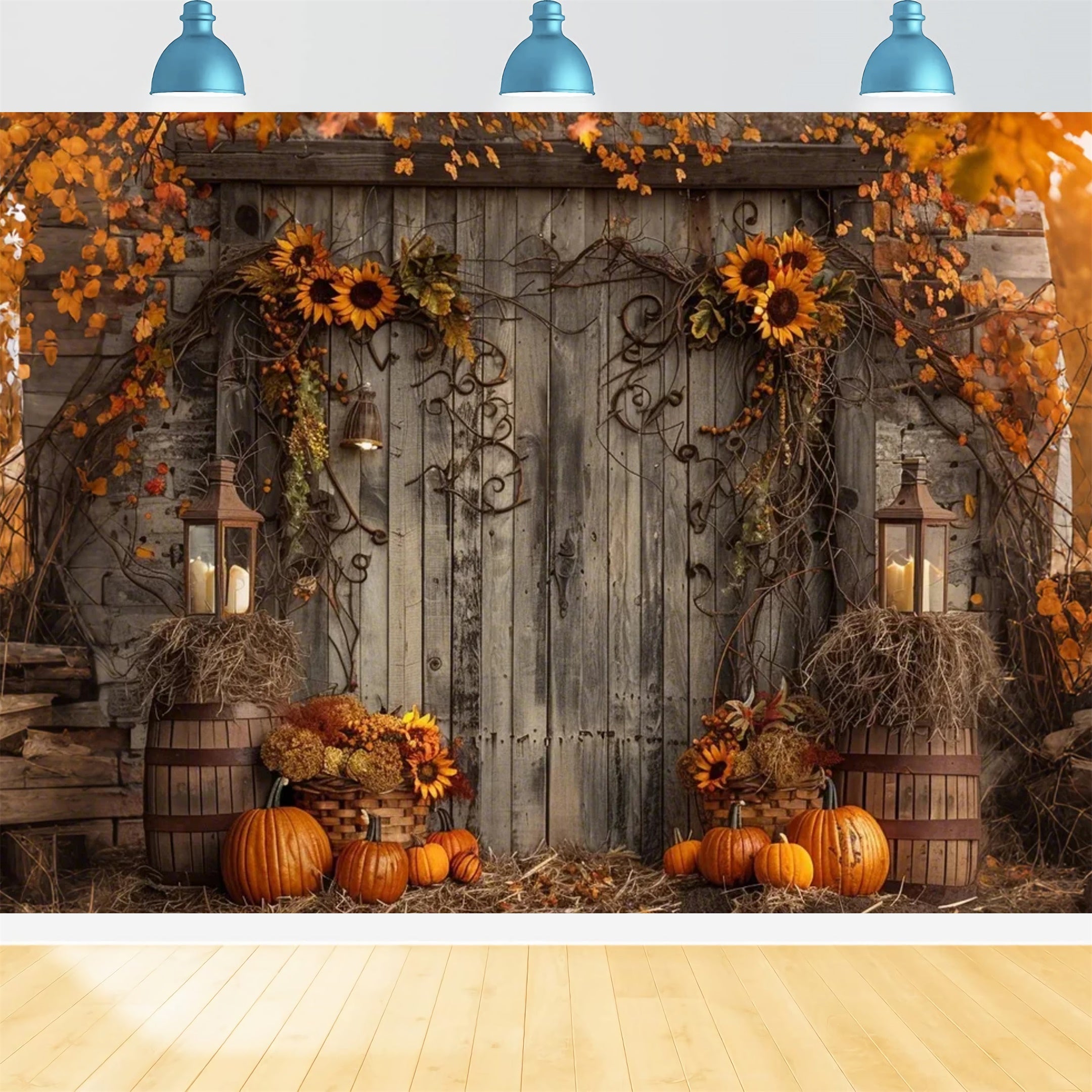 Toile de fond de porte en bois avec feuille et citrouilles d'automne BRP7-136