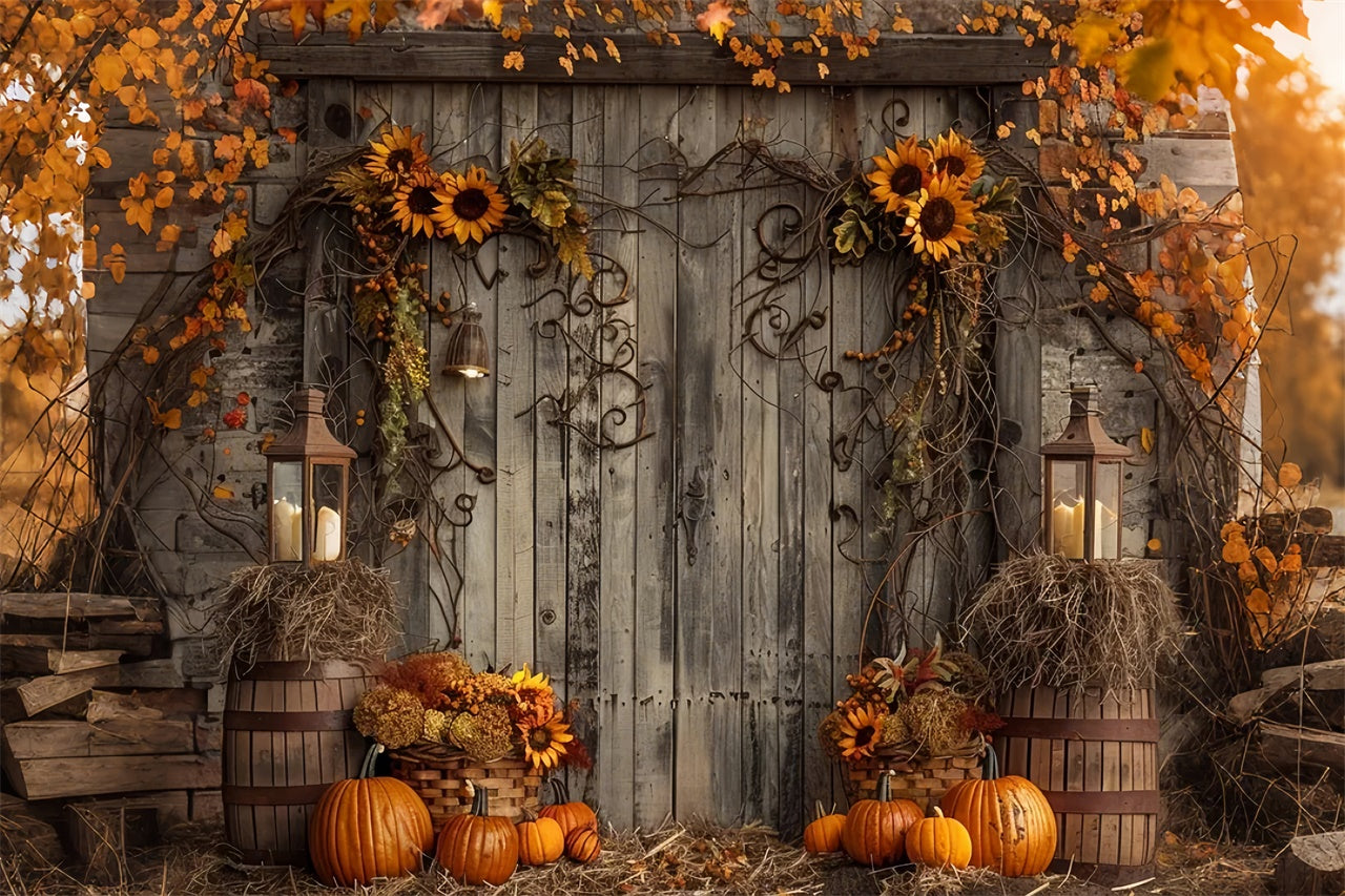 Toile de fond de porte en bois avec feuille et citrouilles d'automne BRP7-136