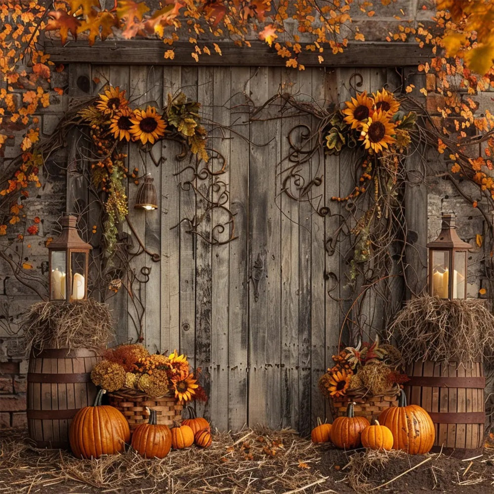 Toile de fond de porte en bois avec feuille et citrouilles d'automne BRP7-136