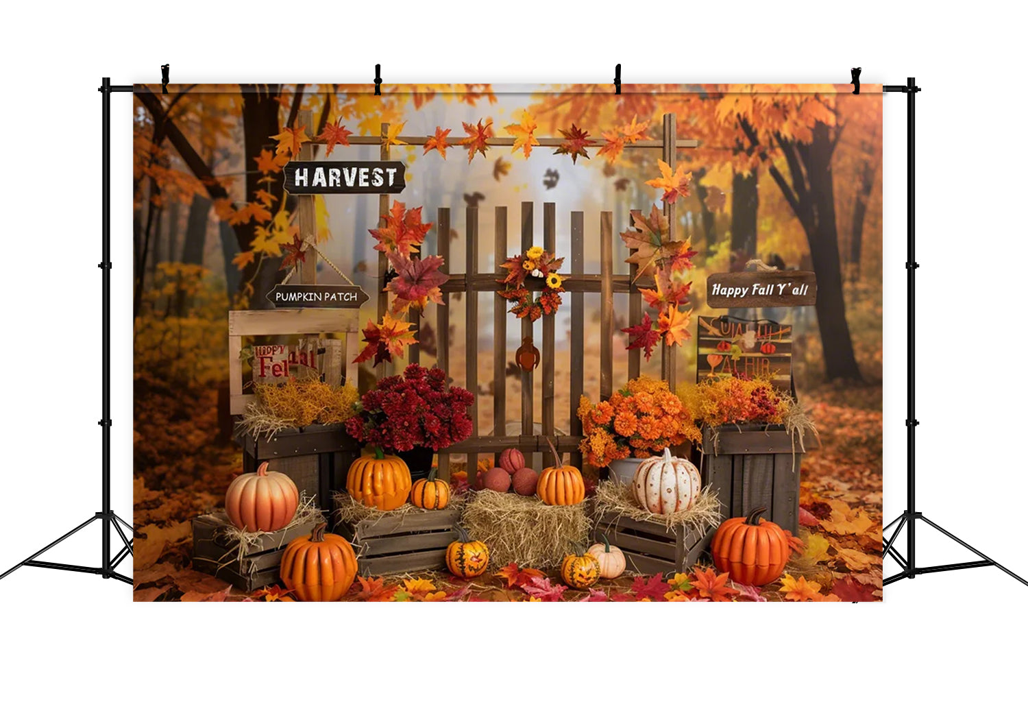 Toile de fond de clôture en forêt avec citrouilles d'automne BRP7-138