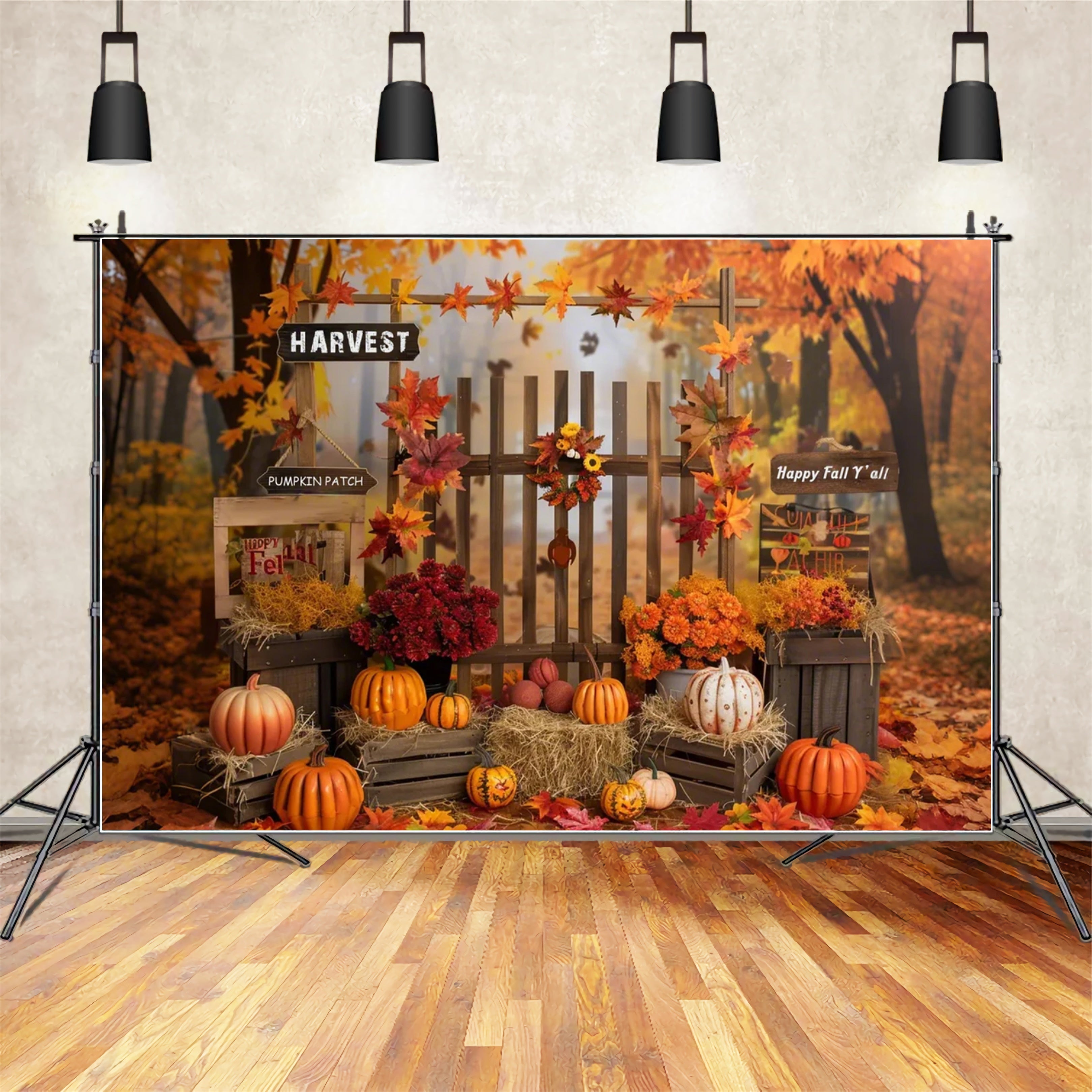 Toile de fond de clôture en forêt avec citrouilles d'automne BRP7-138