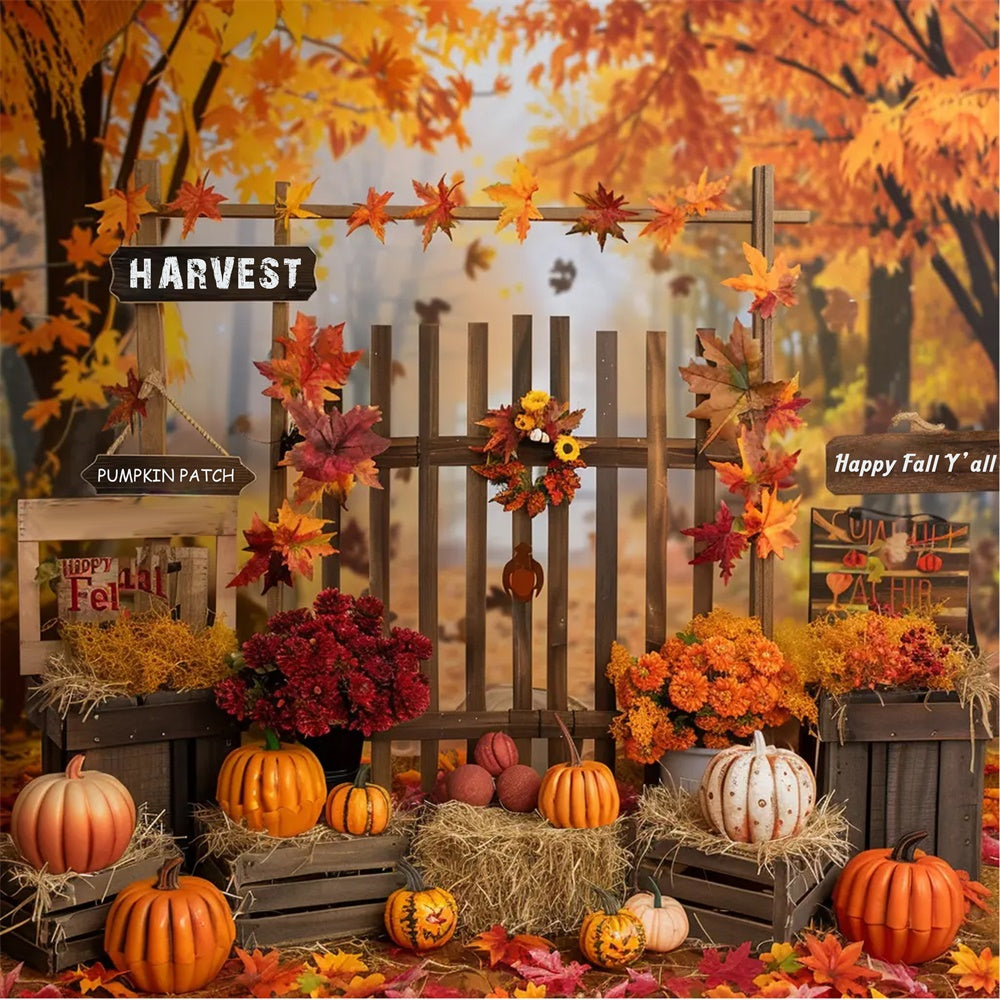 Toile de fond de clôture en forêt avec citrouilles d'automne BRP7-138