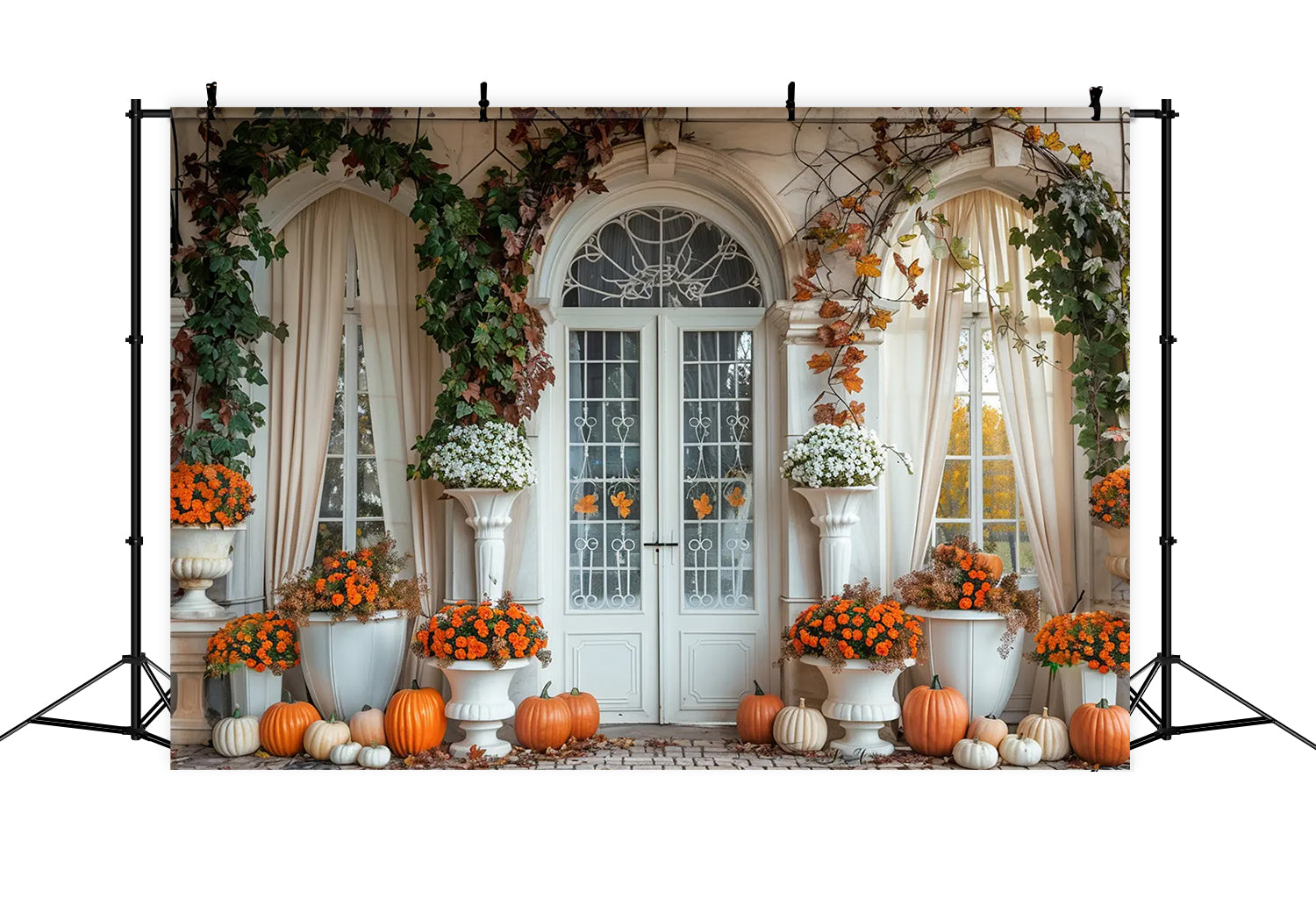 Toile de fond de porte d'arc blanche avec citrouilles d'automne BRP7-139