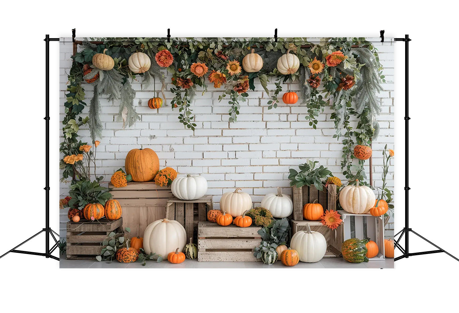 Toile de fond de stand de citrouilles en briques blanches d'automne BRP7-140