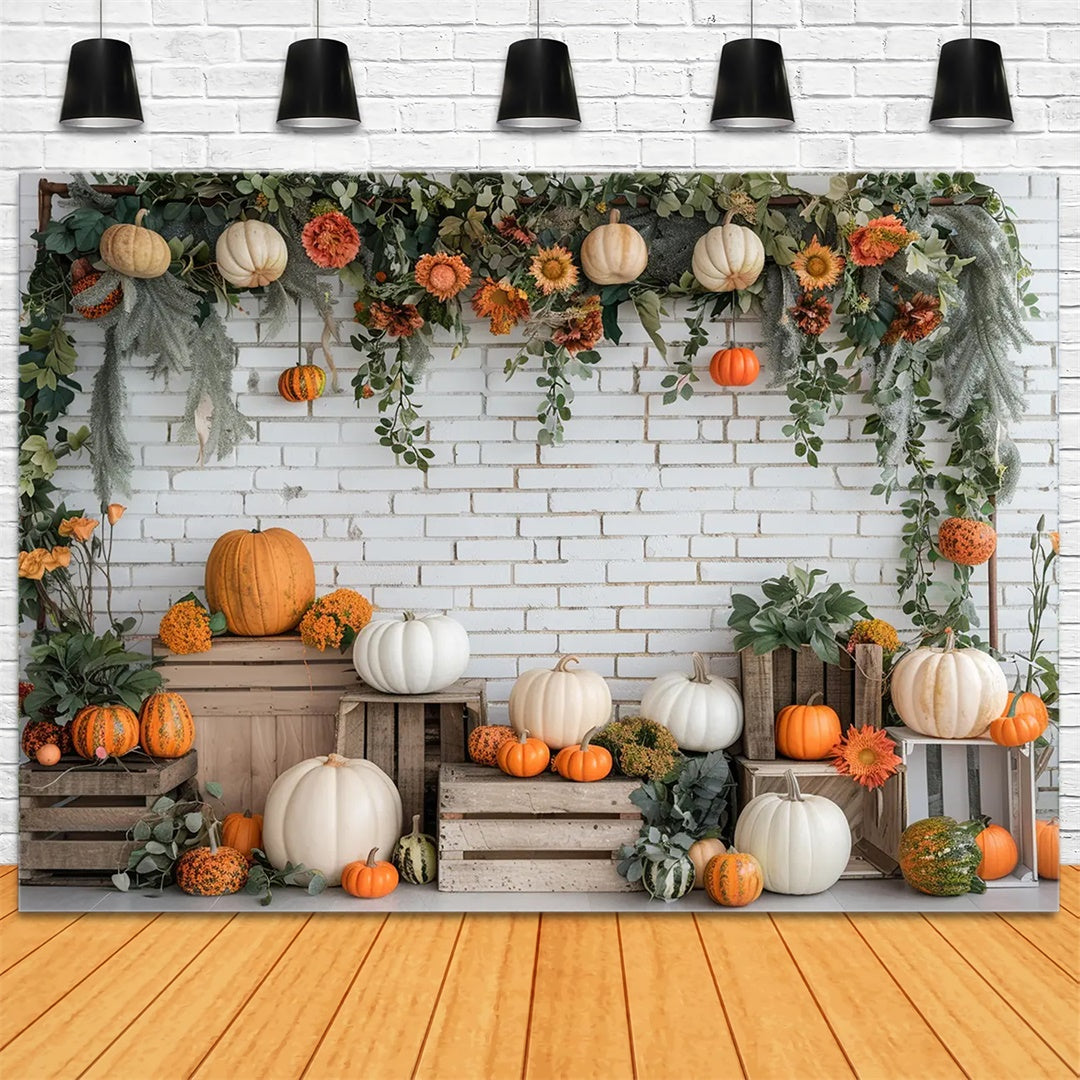 Toile de fond de stand de citrouilles en briques blanches d'automne BRP7-140
