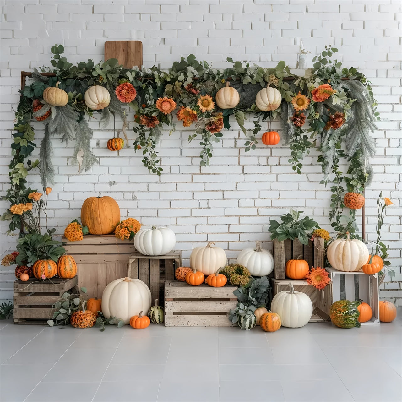 Toile de fond de stand de citrouilles en briques blanches d'automne BRP7-140