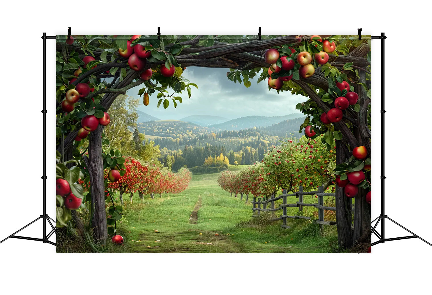 Toile de fond de ferme avec arche de pommes et montagne d'automne BRP7-142