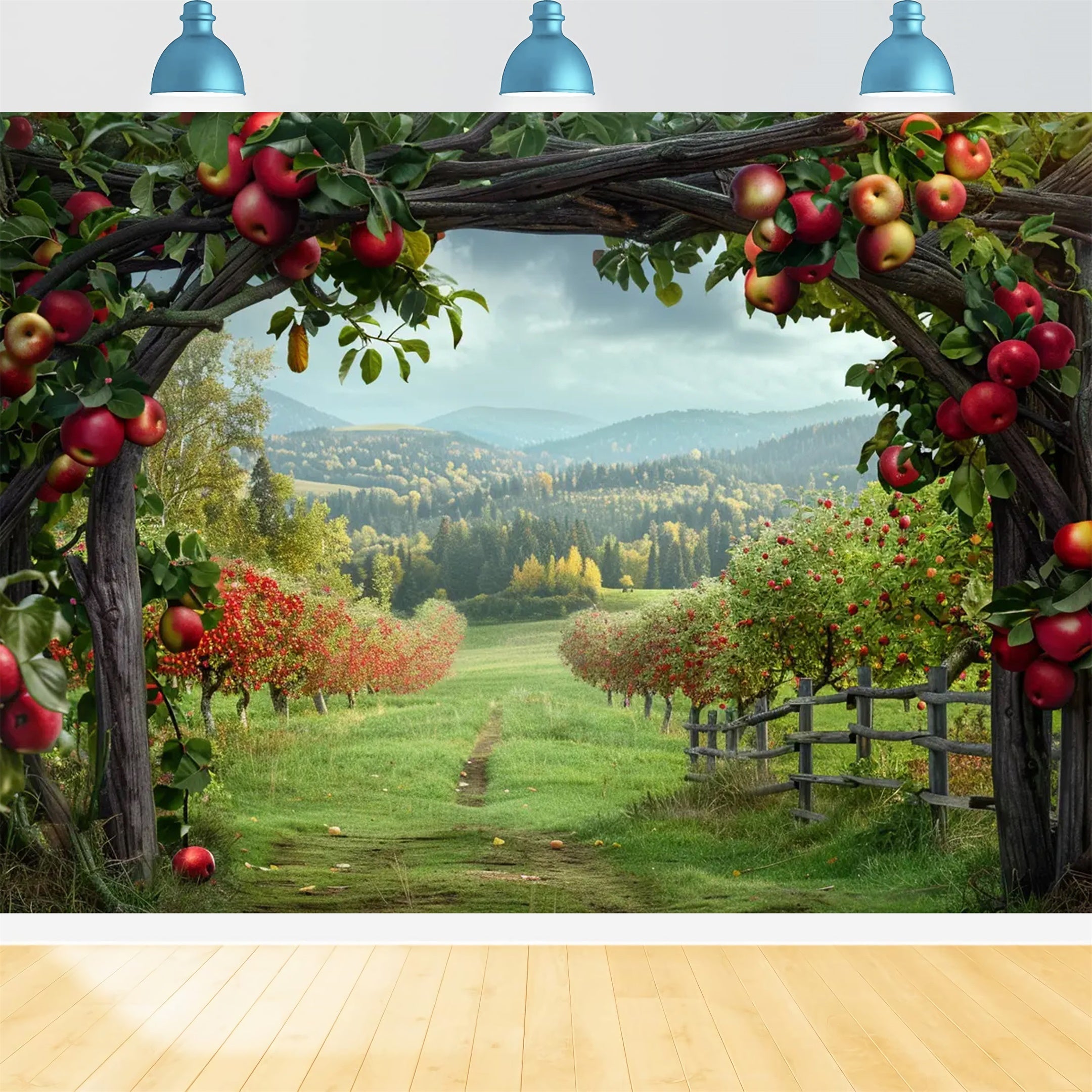 Toile de fond de ferme avec arche de pommes et montagne d'automne BRP7-142