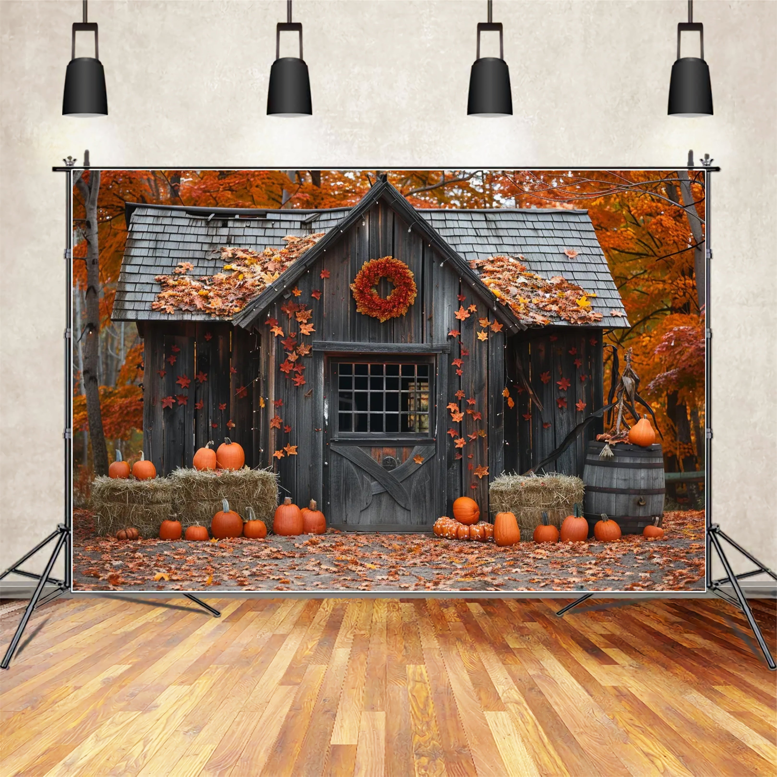 Toile de fond de maison en bois avec feuilles et citrouilles d'automne BRP7-144