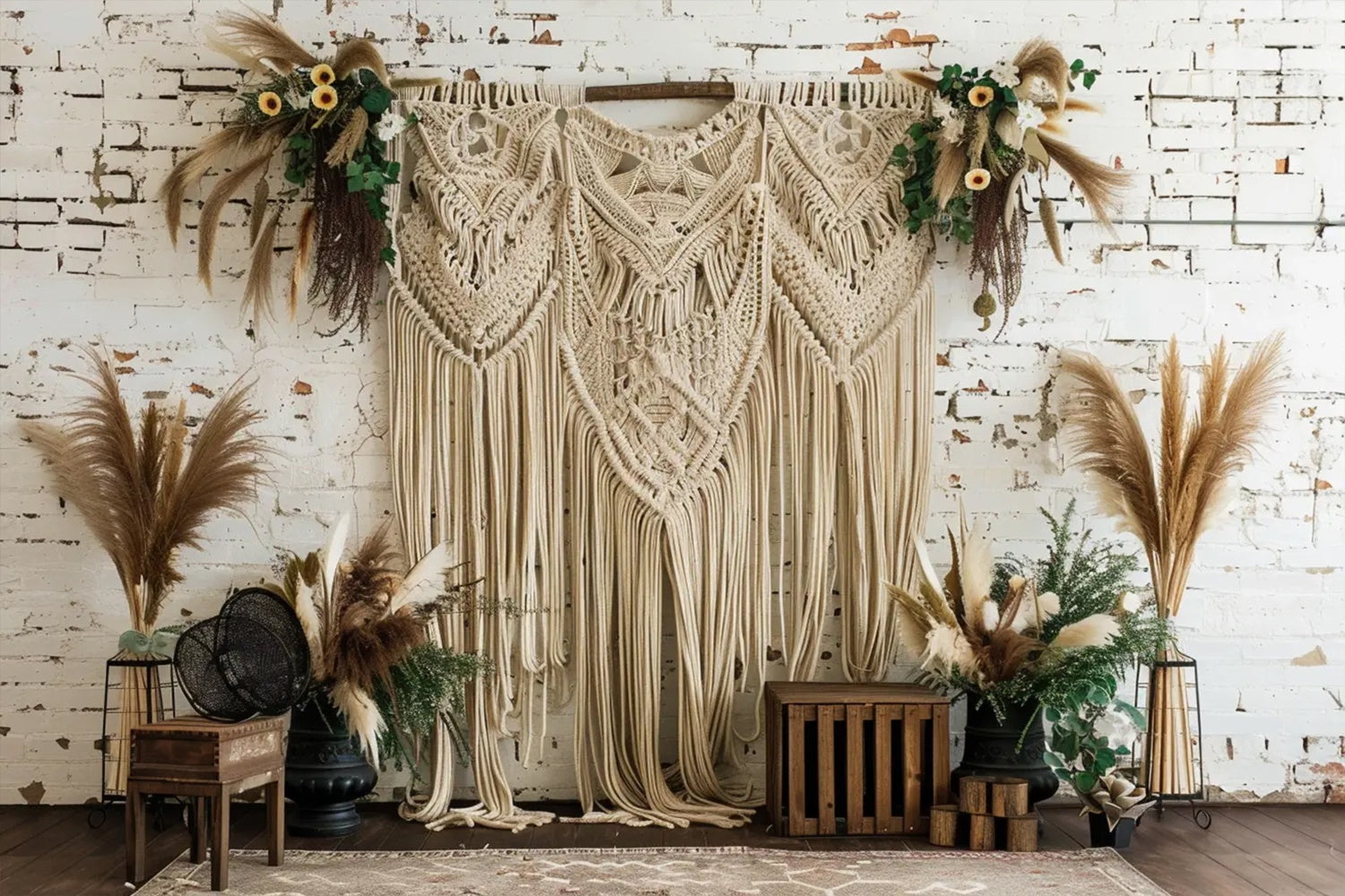 Toile de fond de briques blanches bohème avec roseaux d'automne BRP7-151