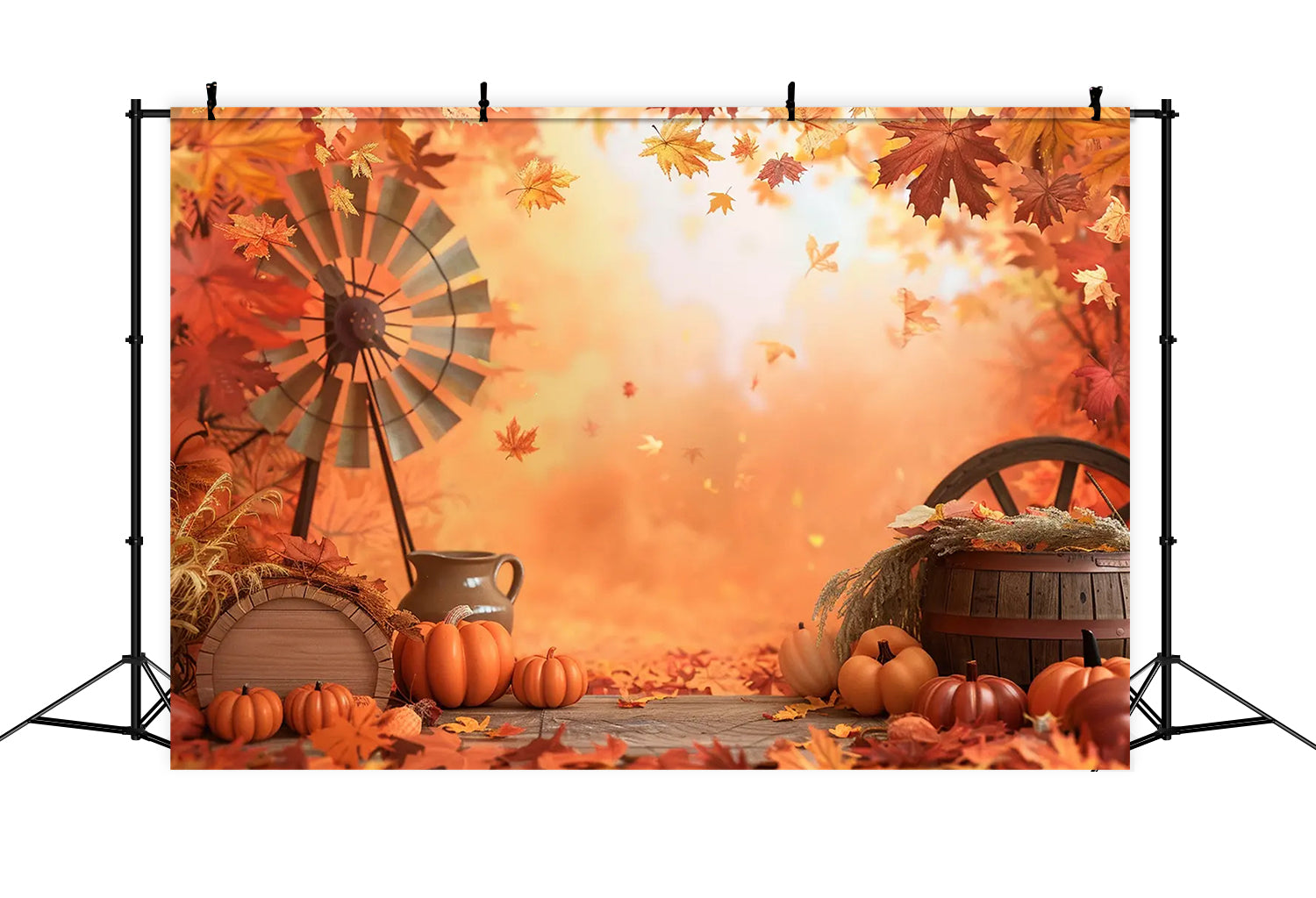 Toile de fond de panier à feuilles d'érable avec citrouilles d'automne BRP7-154