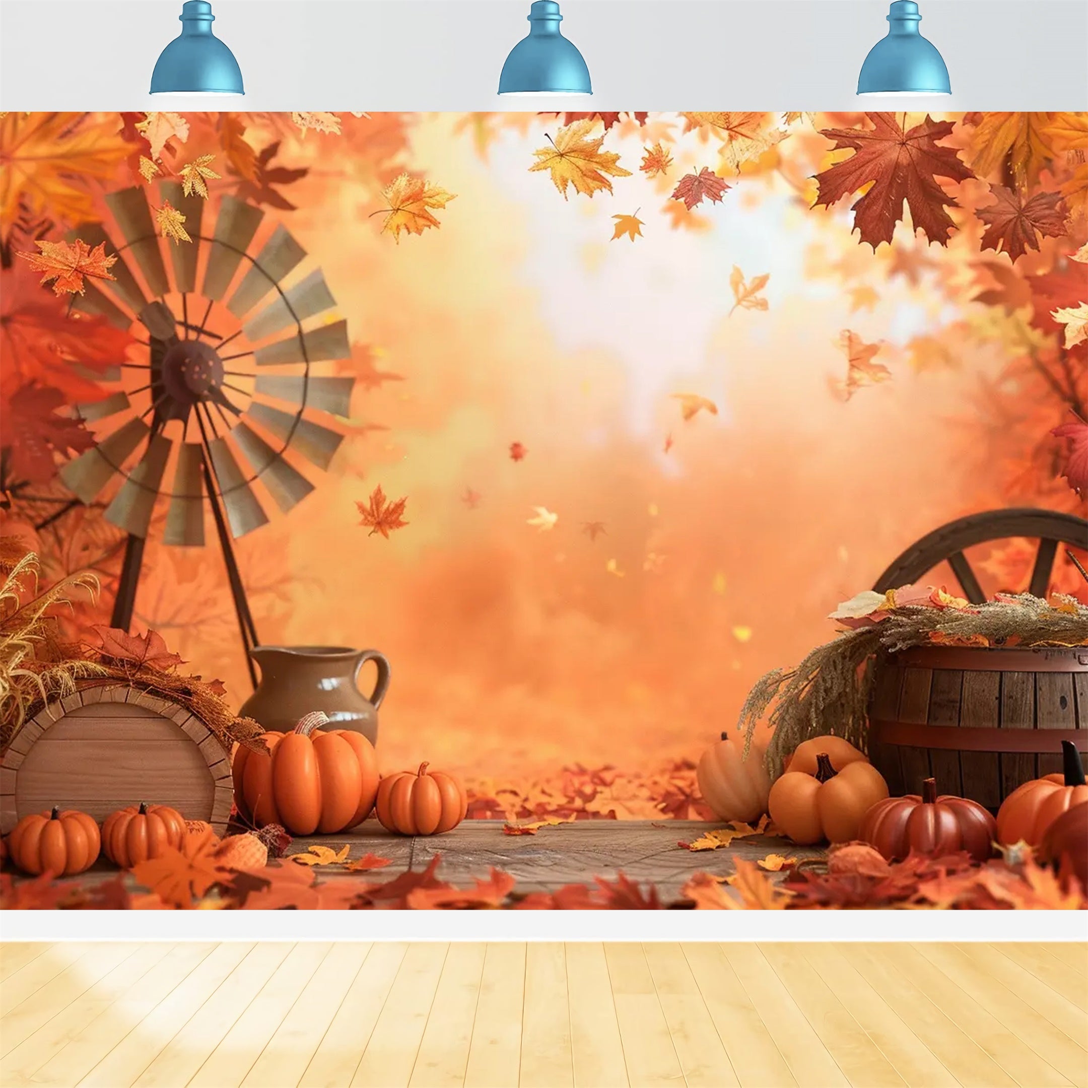 Toile de fond de panier à feuilles d'érable avec citrouilles d'automne BRP7-154