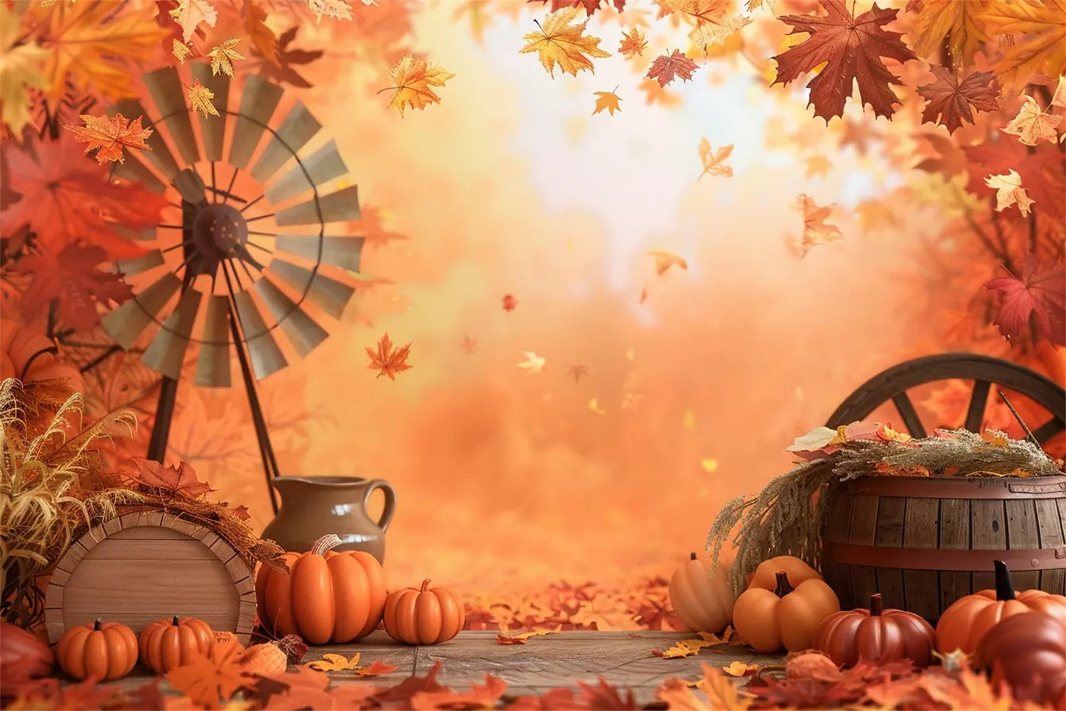Toile de fond de panier à feuilles d'érable avec citrouilles d'automne BRP7-154