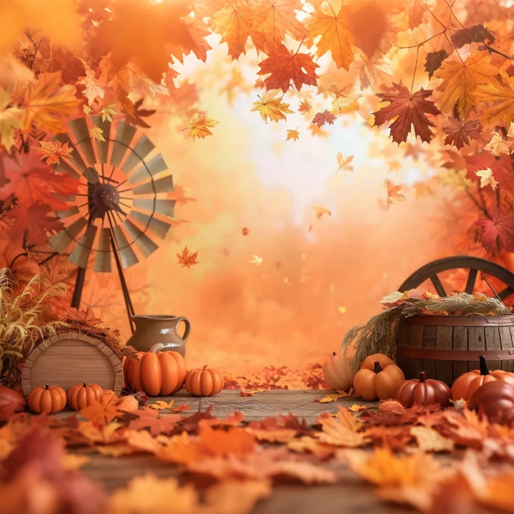 Toile de fond de panier à feuilles d'érable avec citrouilles d'automne BRP7-154