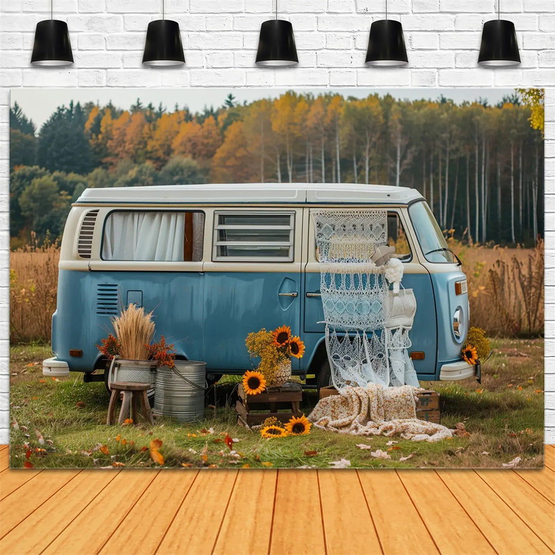 Toile de fond de bus bleu avec tournesols en forêt d'automne BRP7-155