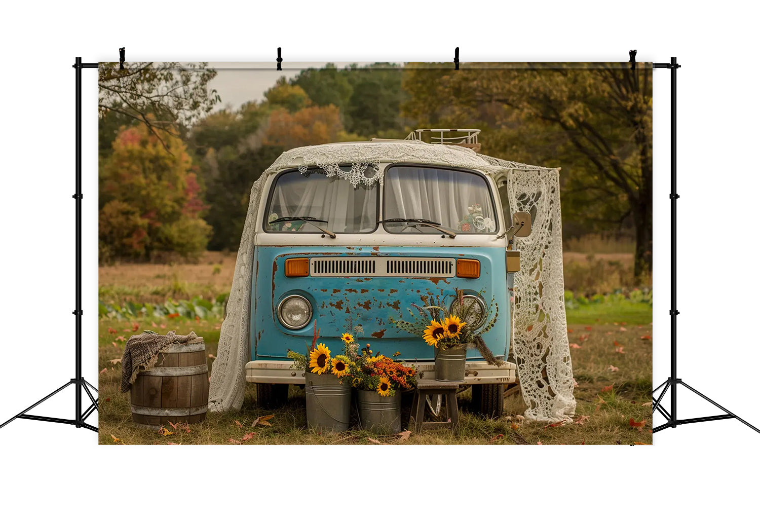 Toile de fond de bus bleu et blanc avec tournesols en automne BRP7-156