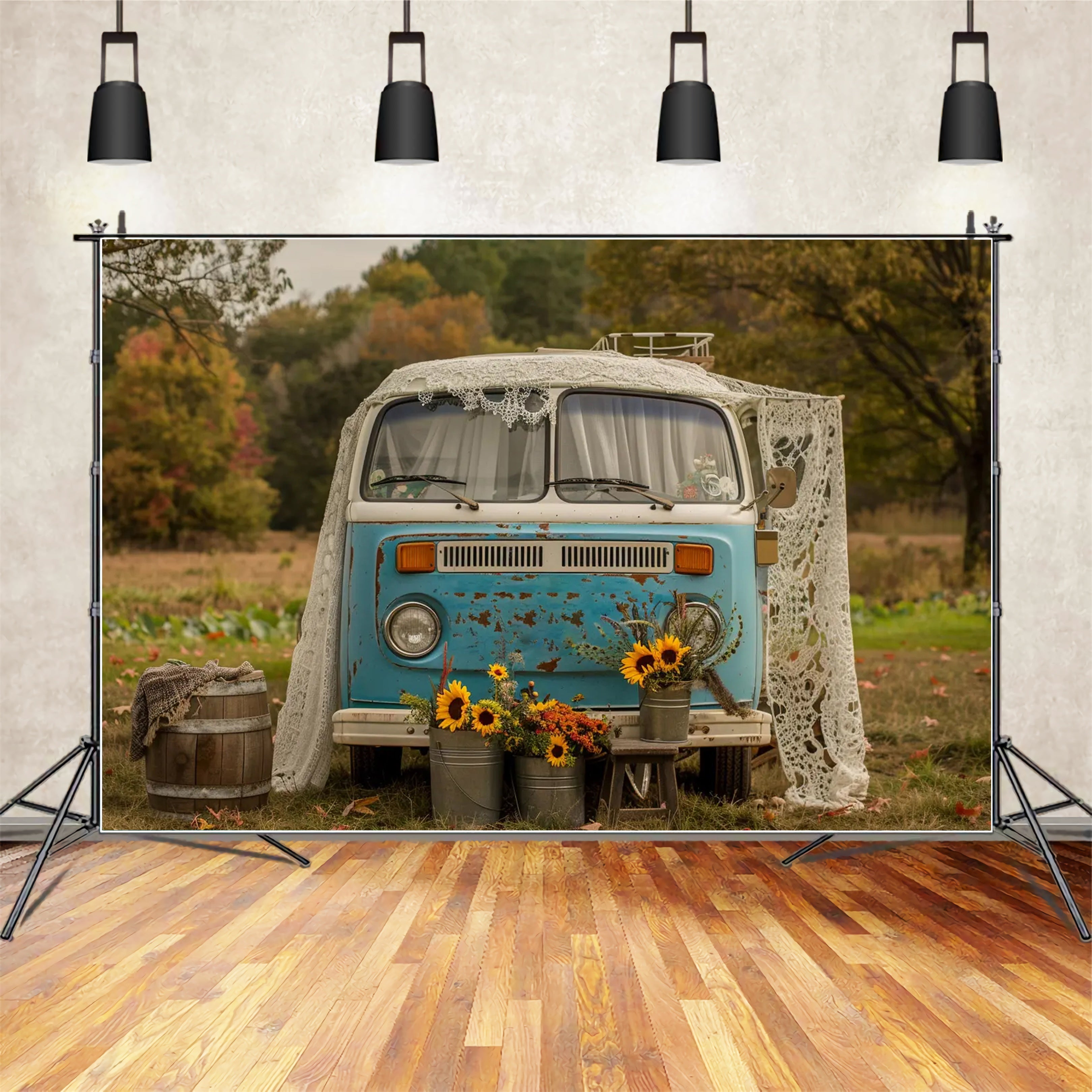 Toile de fond de bus bleu et blanc avec tournesols en automne BRP7-156