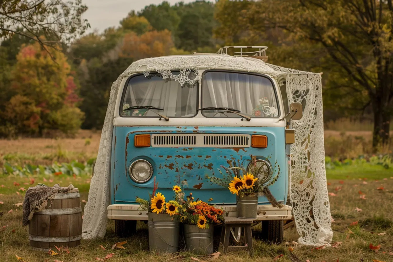 Toile de fond de bus bleu et blanc avec tournesols en automne BRP7-156