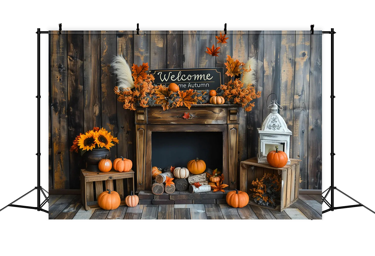 Toile de fond de citrouilles avec "Bienvenue Automne" et tournesols en bois BRP7-162