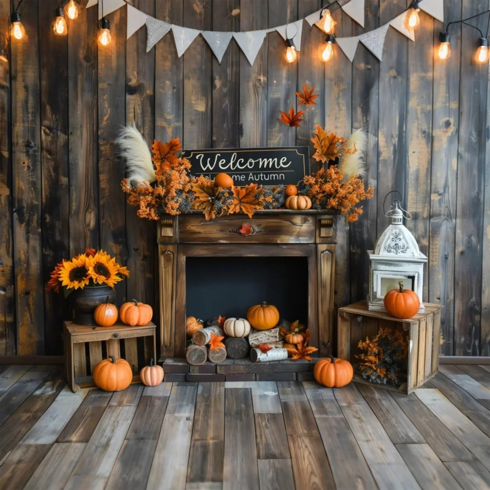 Toile de fond de citrouilles avec "Bienvenue Automne" et tournesols en bois BRP7-162