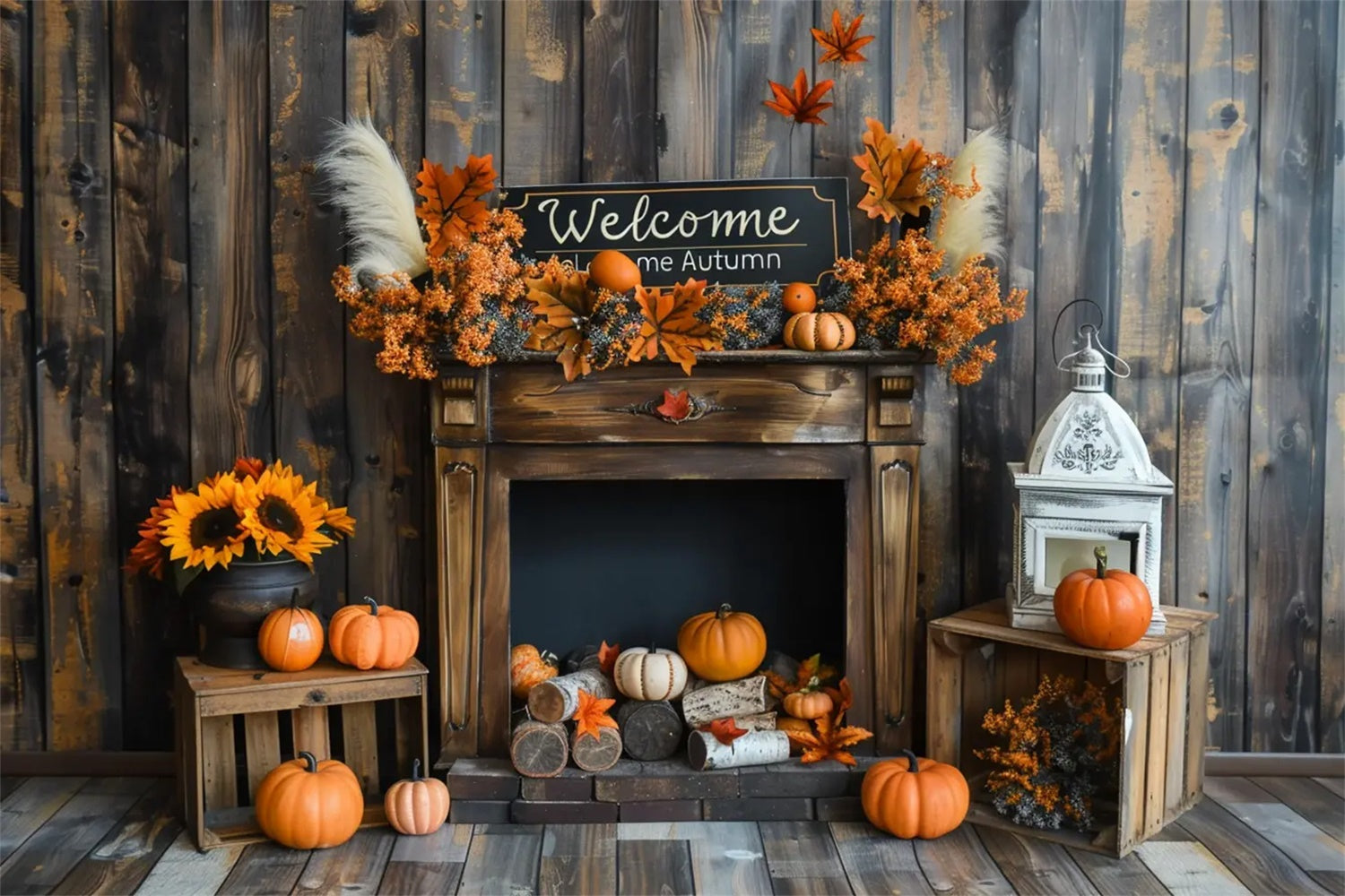 Toile de fond de citrouilles avec "Bienvenue Automne" et tournesols en bois BRP7-162