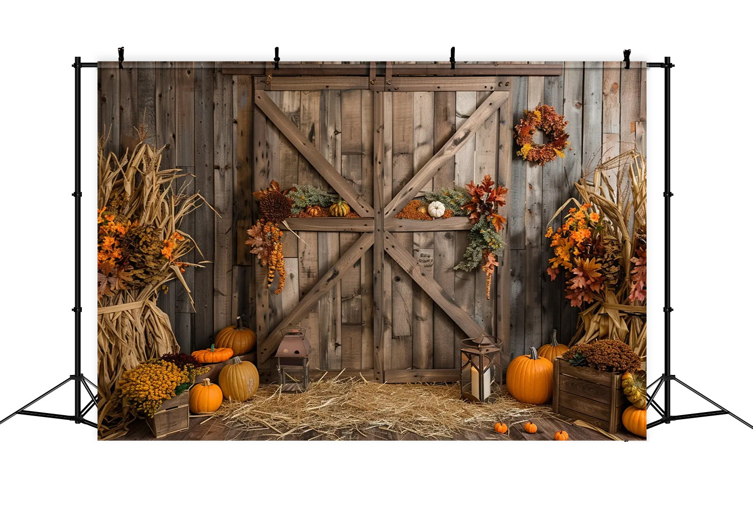 Toile de fond de porte de grange en bois brun avec citrouilles d'automne BRP7-164