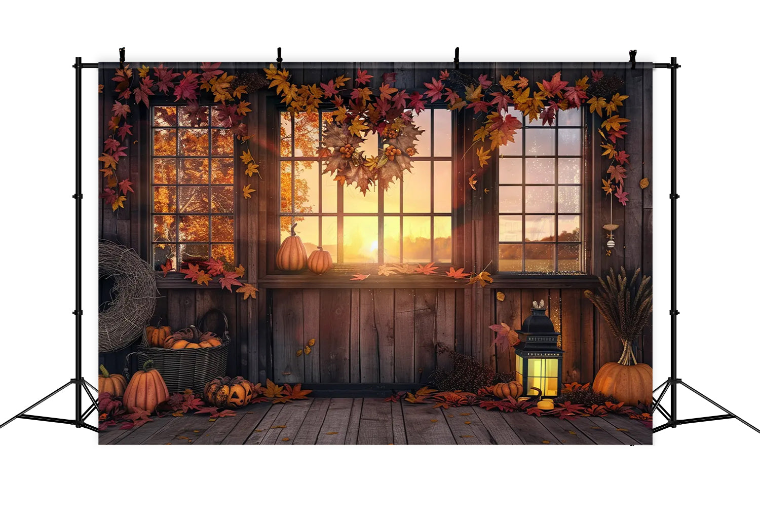 Toile de fond de ferme au coucher du soleil Maison Feuilles de citrouilles d'automne BRP7-166