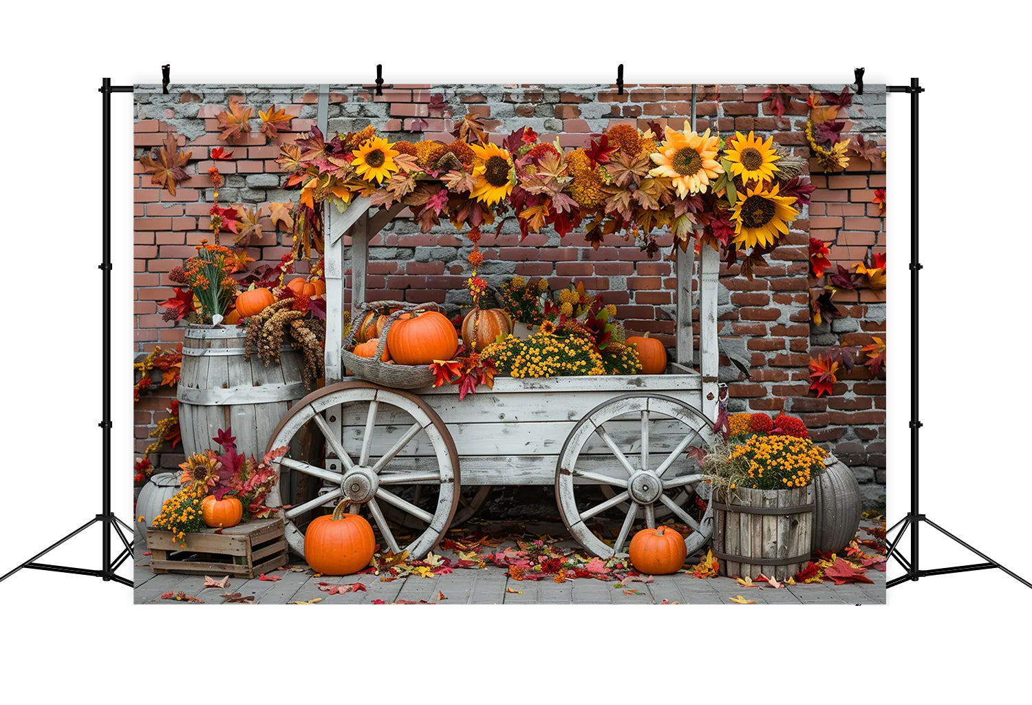 Toile de fond de mur en briques avec stand de citrouilles et tournesols d'automne BRP7-168