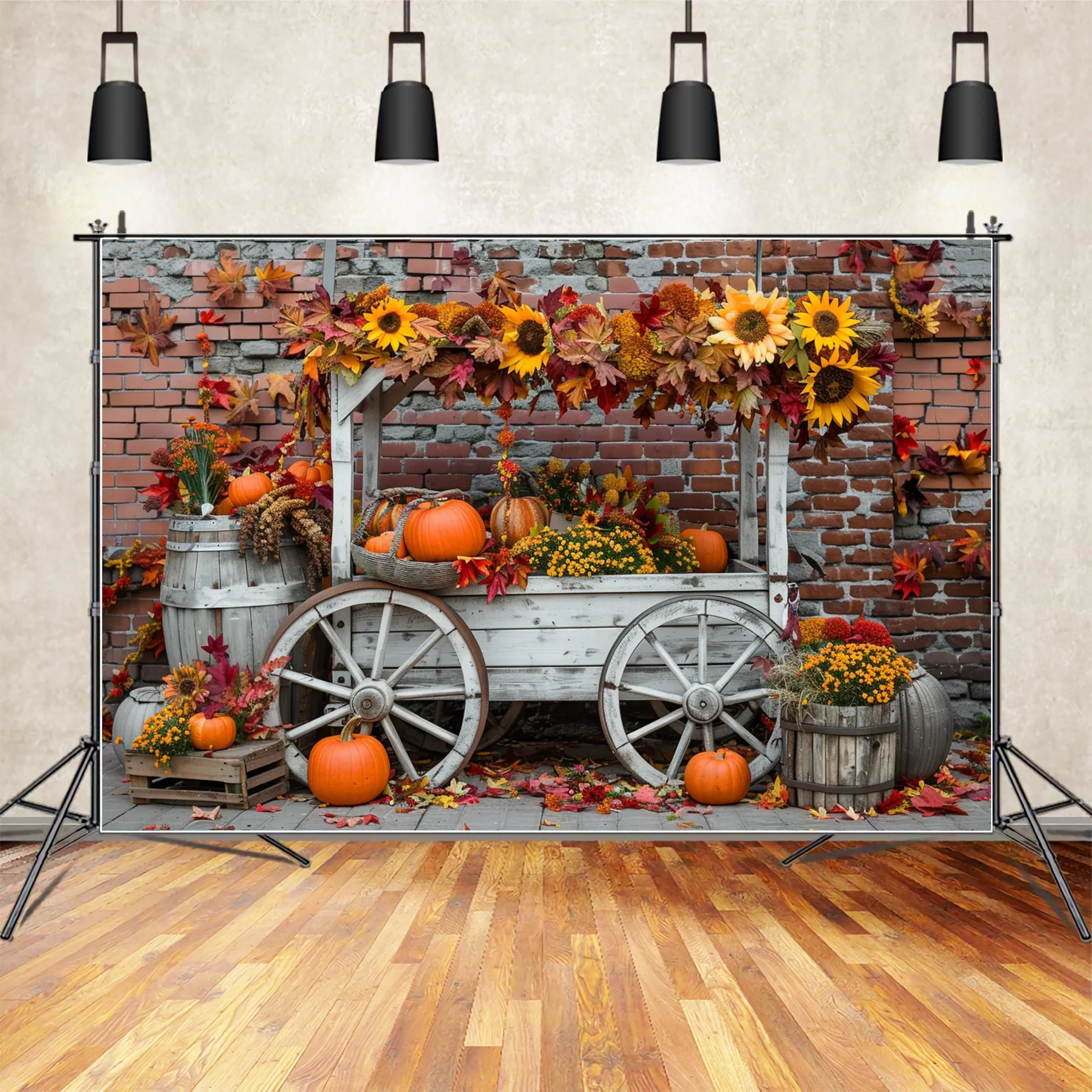 Toile de fond de mur en briques avec stand de citrouilles et tournesols d'automne BRP7-168