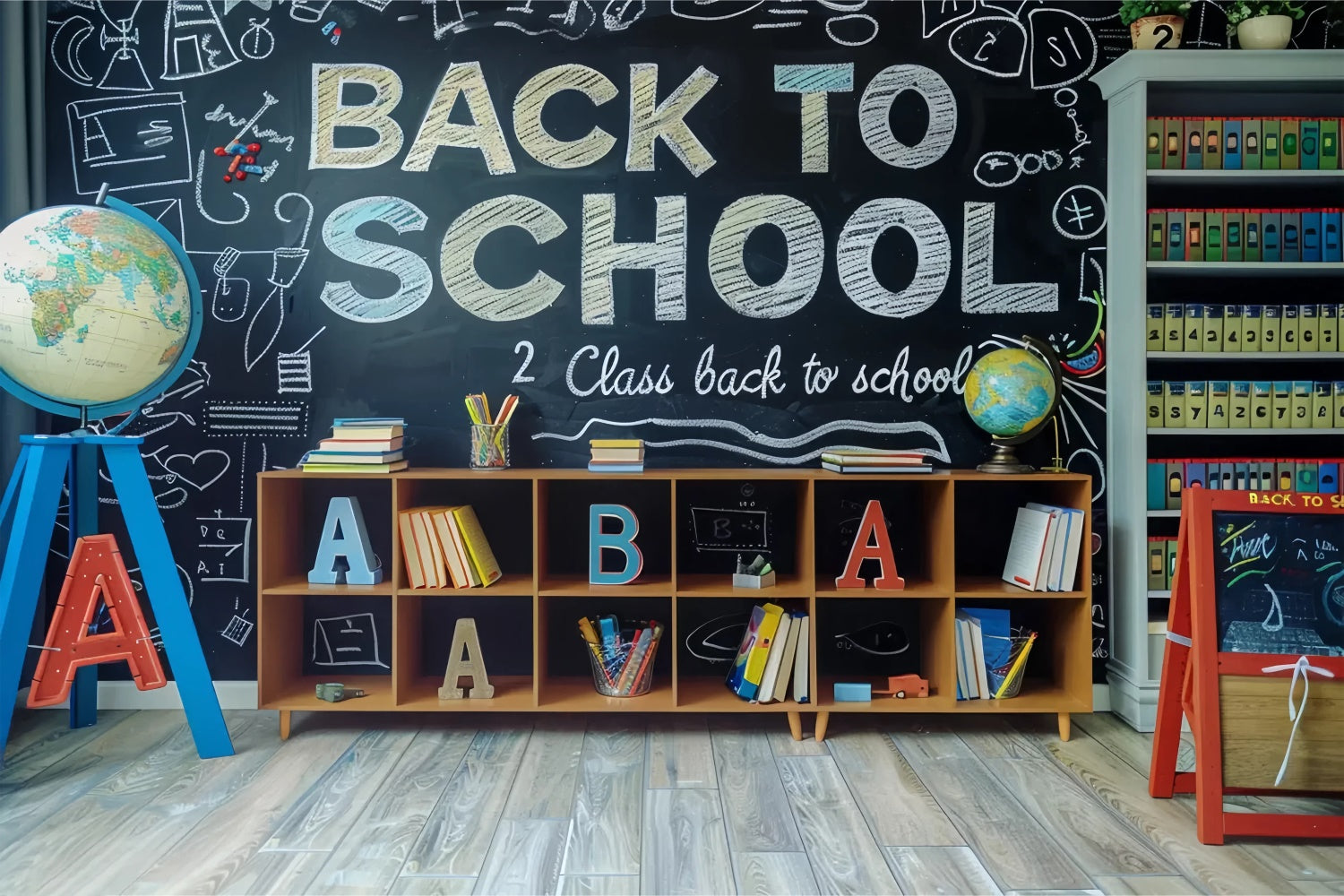 Toile de Fond Retour à l'École Étagère d'Étude avec Globe BRP7-172
